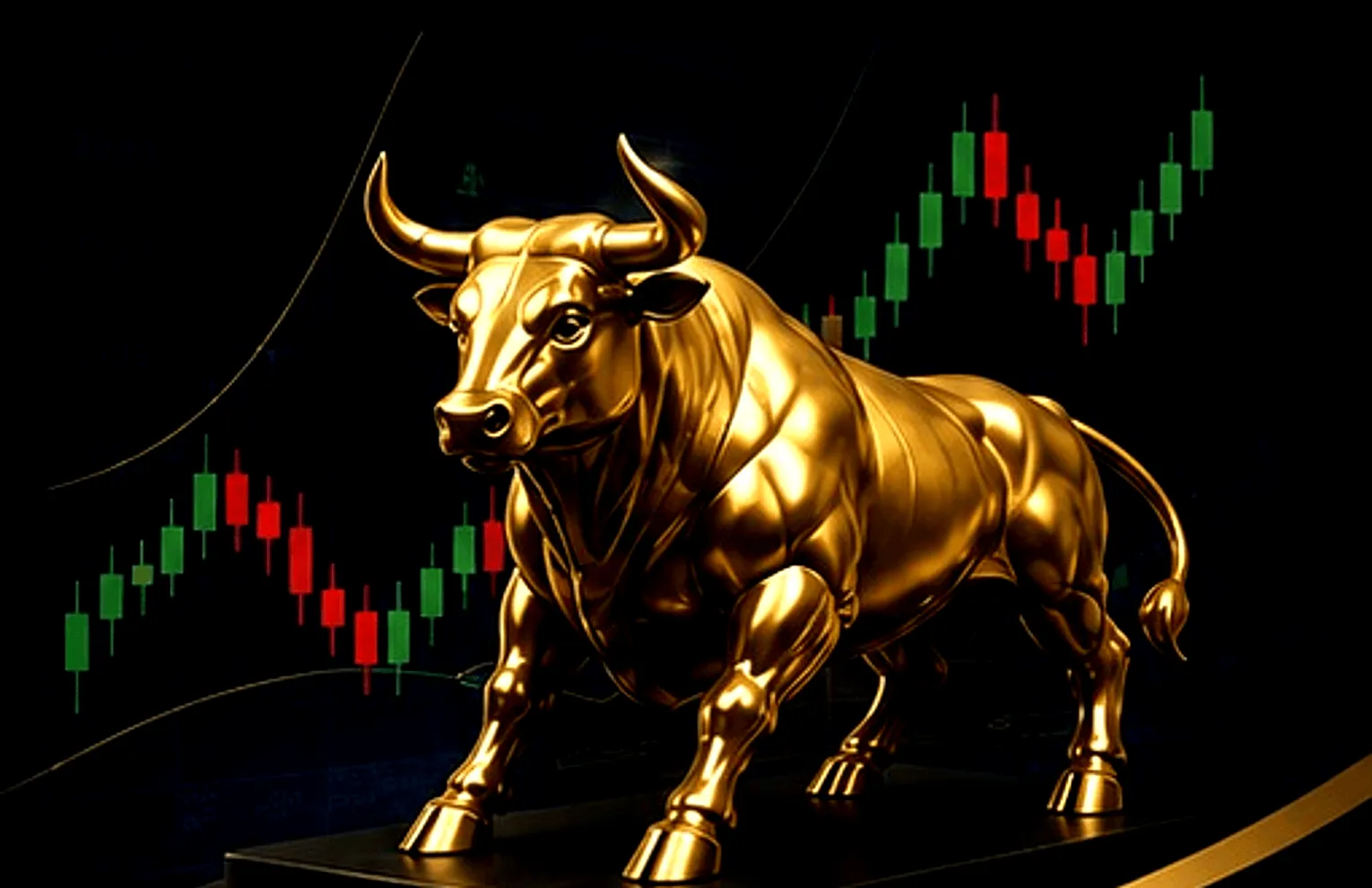 Gold bull statue set against a rising Gold (XAU/USD) candlestick chart